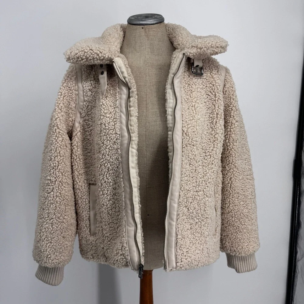 Banana Republic Sherpa Jacket Women Medium Cream Moto Teddy Faux Fur Zip Up